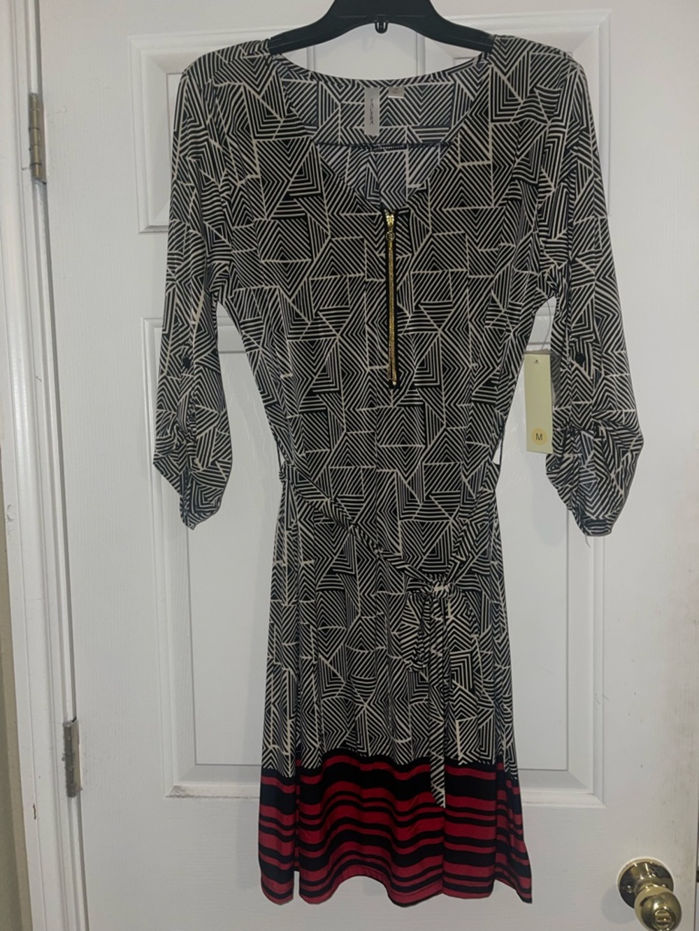 Geometric Print Navy and White Midi Dress with Red Stripe Hem